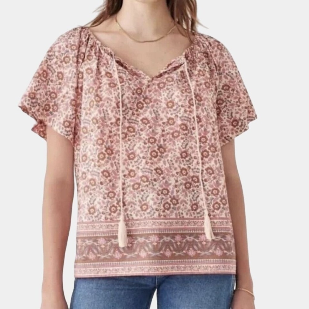 Faherty Florence Organic Cotton Peasant Blouse Pink S Floral Boho Summer NWOT